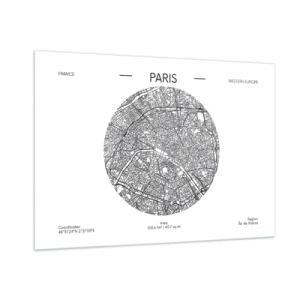 Quadro su vetro - Una mappa circolare di Parigi in illustrazione in bianco e nero - 100x70cm - Anatomia di Parigi - Decorazione murale moderna per soggiorno e camera da letto ARTTOR