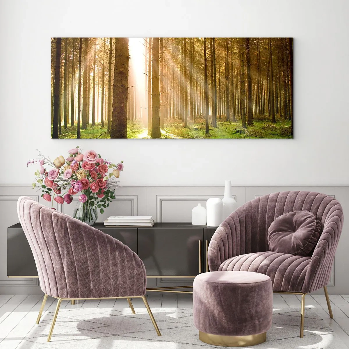 Quadro su vetro - Foresta di conifere con raggi di sole che brillano attraverso gli alberi - 140x50cm - Adesso appaiono gli elfi - Decorazione murale moderna per soggiorno e camera da letto ARTTOR