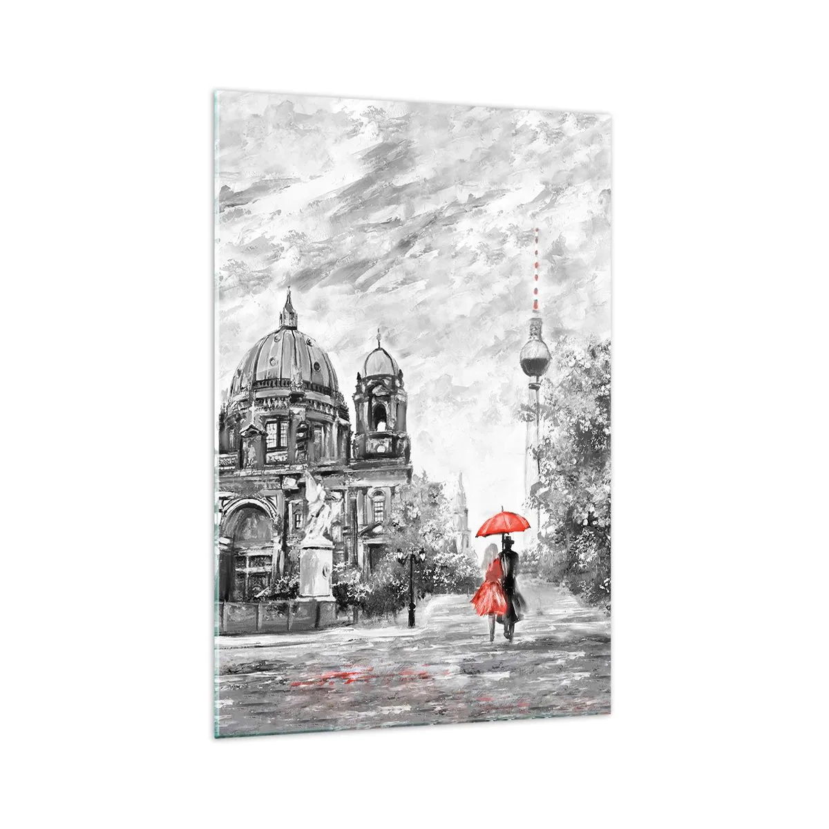 Quadro su vetro - Scena in bianco e nero con Berlino, un ombrello rosso e un albero - 70x100cm - Incontro a Berlino - Decorazione murale moderna per soggiorno e camera da letto ARTTOR