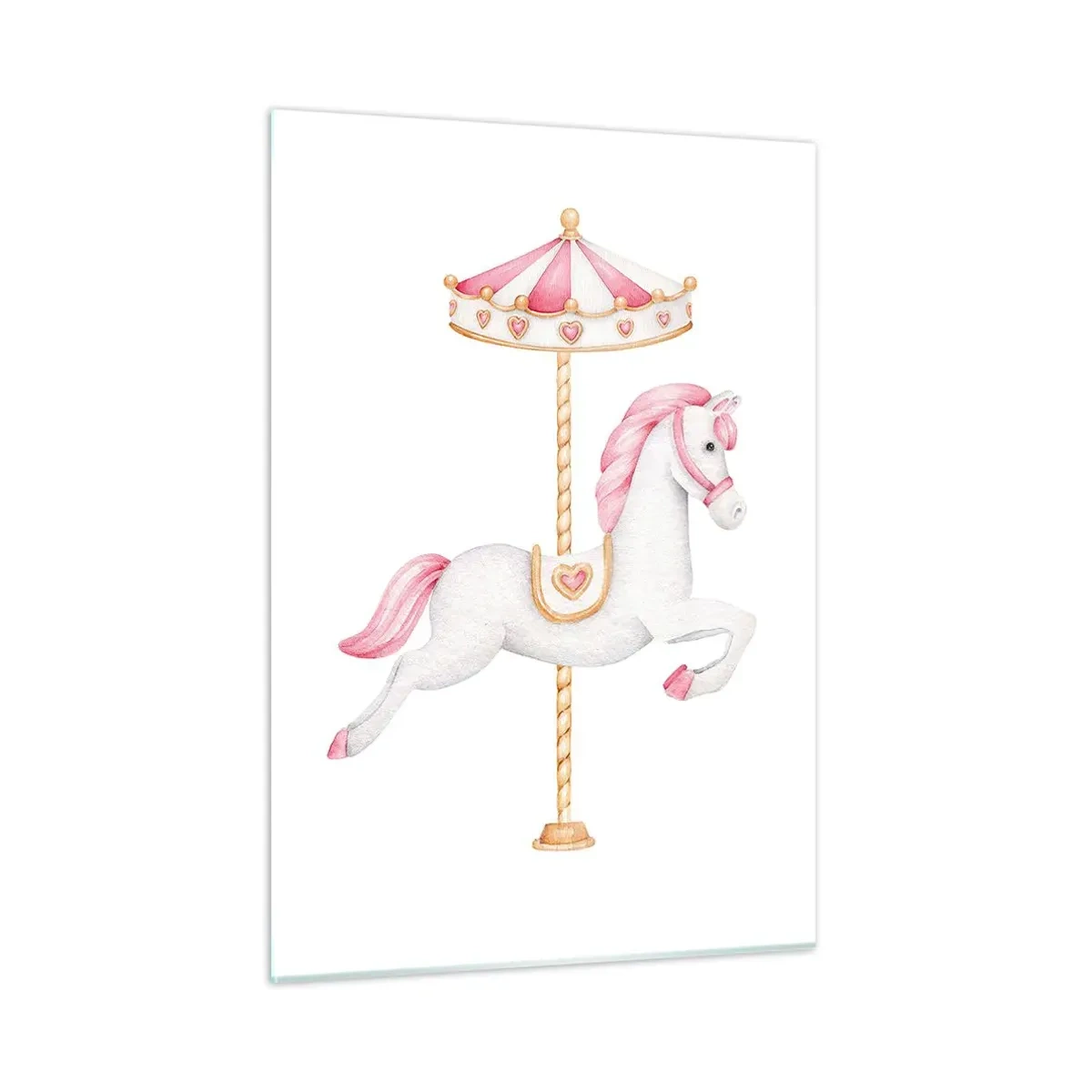 Quadro su vetro - Cavallo da giostra rosa e bianco su sfondo bianco - 50x70cm - Partito al galoppo. - Decorazione murale moderna per soggiorno e camera da letto ARTTOR