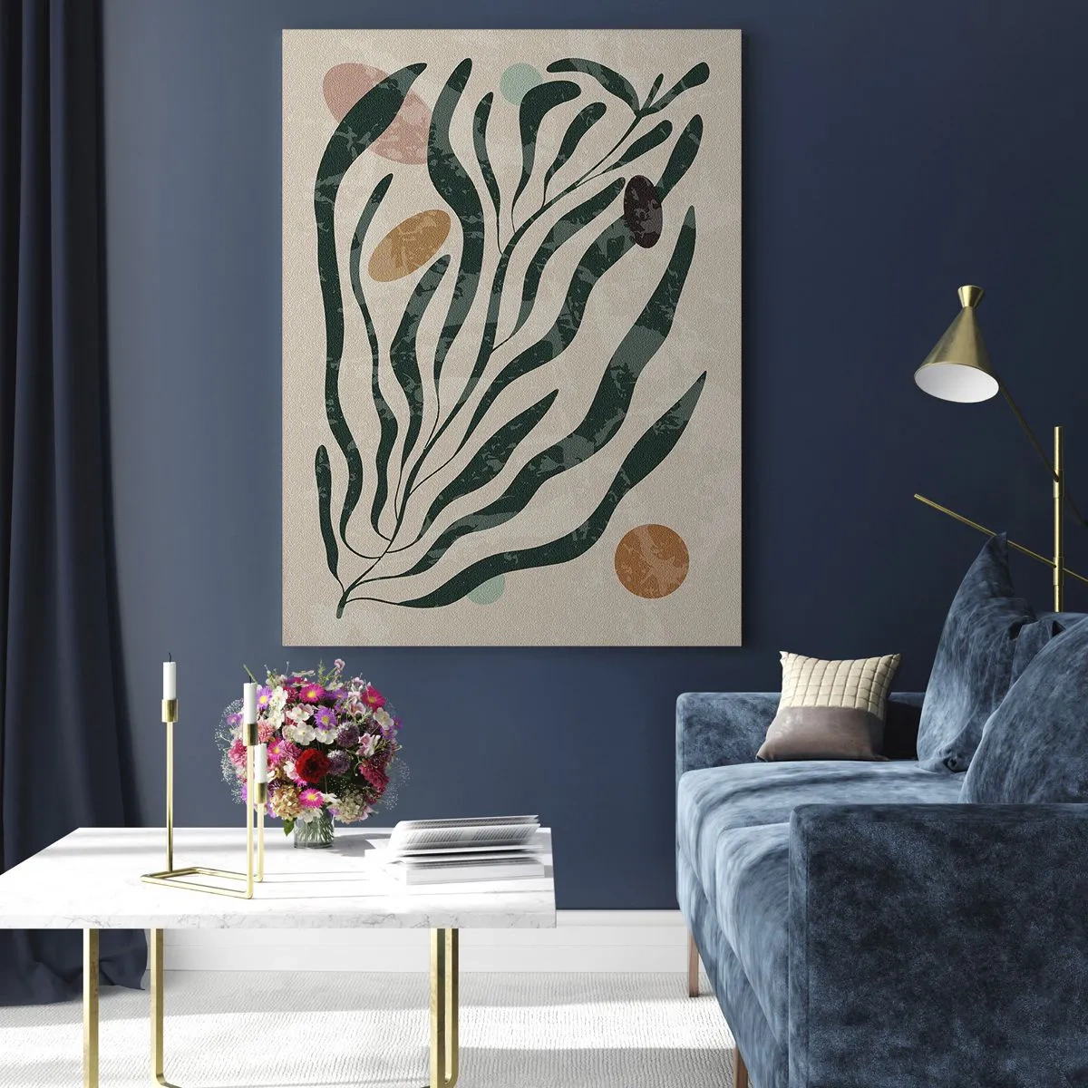 Quadro su vetro - Linee e forme organiche in verde e beige - 70x100cm - Tra il verde - Decorazione murale moderna per soggiorno e camera da letto ARTTOR