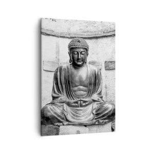 Quadro su tela - Stampe su Tela - Statua del Buddha in bianco e nero in posa meditativa - 50x70cm - Alla fonte della pace - Decorazione murale moderna per soggiorno e camera da letto ARTTOR
