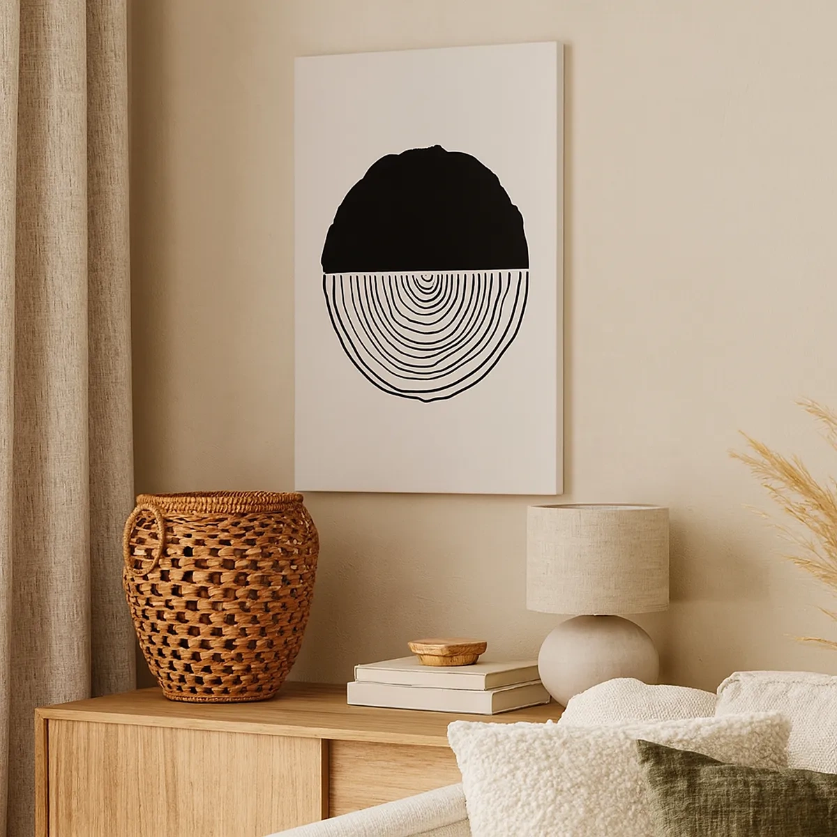 Quadro su tela - Stampe su Tela - Un motivo astratto in bianco e nero ispirato a una sezione trasversale di legno con una divisione geometrica. - 50x70cm - A metà - Decorazione murale moderna per soggiorno e camera da letto ARTTOR