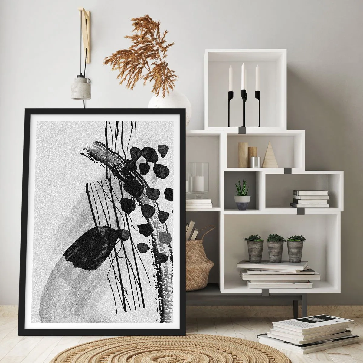 Poster in cornice nera - Astrazione organica in bianco e nero - 70x100 cm