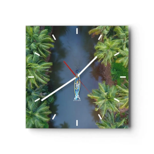 Orologio da parete - Orologio in Vetro - Vista a volo d'uccello di una barca su un fiume circondata da palme - 30x30cm - Sul percorso tropicale - Decorazione murale moderna per soggiorno e camera da letto ARTTOR