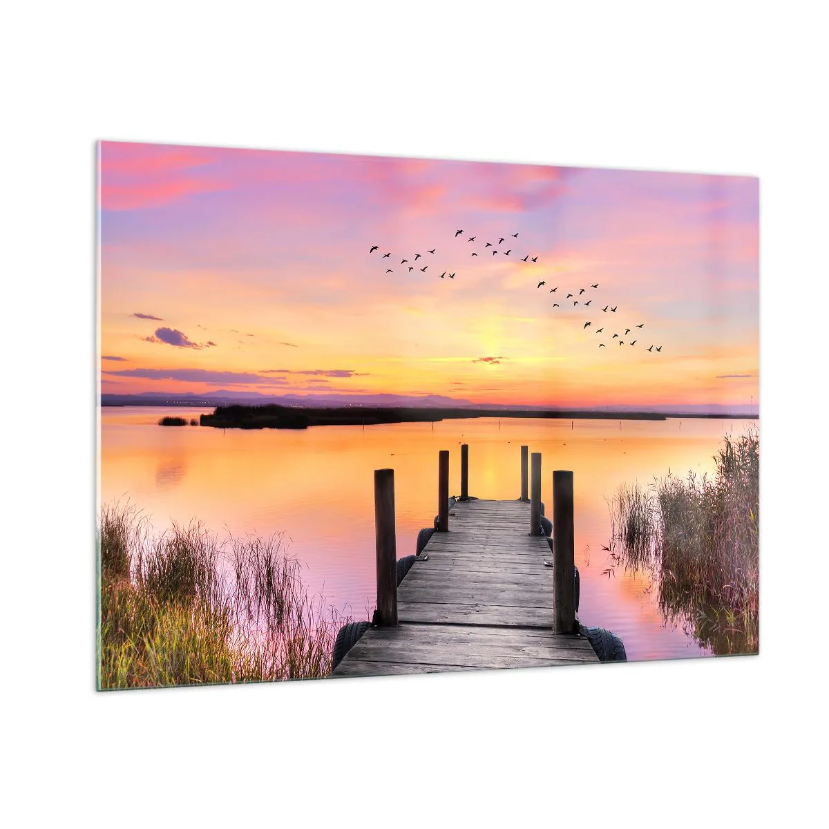 Quadro su vetro - Molo sul lago al tramonto con uccelli nel cielo - 100x70cm - Alba viola e silenziosa - Decorazione murale moderna per soggiorno e camera da letto ARTTOR