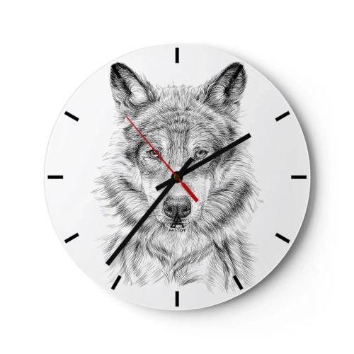 Orologio da parete - Orologio in Vetro - Schizzo in bianco e nero di una testa di lupo su uno sfondo bianco - 30x30cm - Condottiero nato - Decorazione murale moderna per soggiorno, cucina e camera da letto ARTTOR