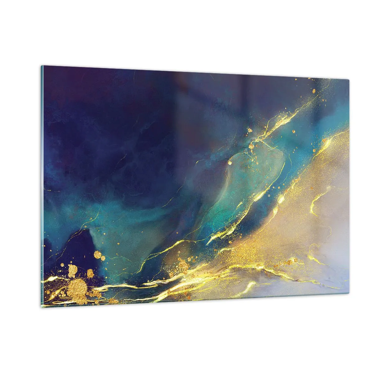 Quadro su vetro - Una composizione astratta nei toni del blu navy, turchese e oro - 120x80cm - La palude dorata - Decorazione murale moderna per soggiorno e camera da letto ARTTOR
