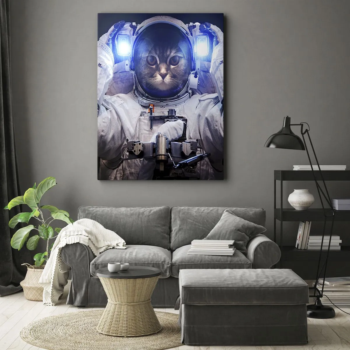 Quadro su tela - Stampe su Tela - Un gatto in tuta da astronauta con la Terra sullo sfondo e una luce intensa. - 50x70cm - Houston, avete un problema - Decorazione murale moderna per soggiorno e camera da letto ARTTOR
