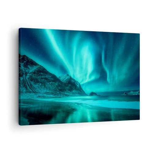 Quadro su tela - Stampe su Tela - Aurora boreale su un paesaggio invernale montuoso - 70x50cm - Miracolo del Nord - Decorazione murale moderna per soggiorno e camera da letto ARTTOR