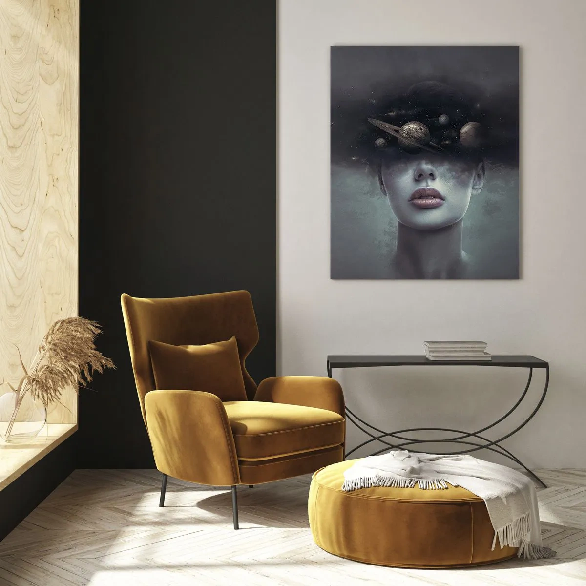 Quadro su vetro - Una donna con pianeti al posto della testa in una composizione surreale - 50x70cm - E i pianeti folleggiano... - Decorazione murale moderna per soggiorno e camera da letto ARTTOR