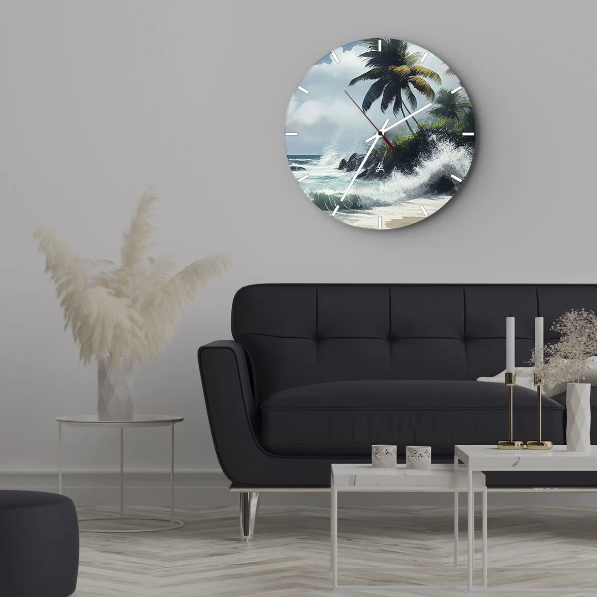 Orologio da parete - Orologio in Vetro - Spiaggia tropicale con palme e onde oceaniche che si infrangono - 30x30cm - Sulla riva tropicale - Decorazione murale moderna per soggiorno, cucina e camera da letto ARTTOR