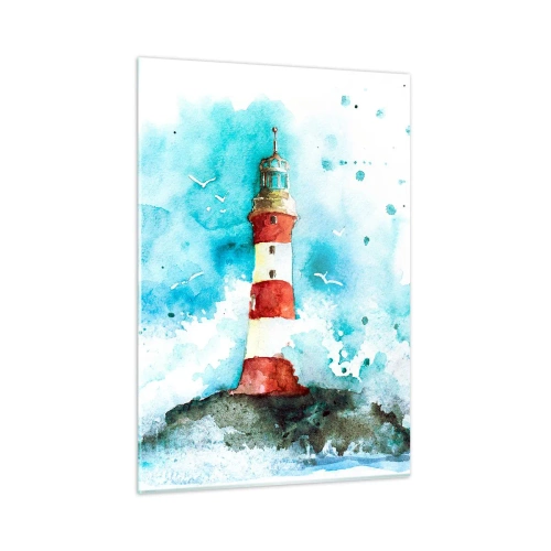 Quadro su vetro - Un faro circondato dalle onde del mare in stile acquerello - 50x70cm - L'unità dei quattro elementi - Decorazione murale moderna per soggiorno e camera da letto ARTTOR