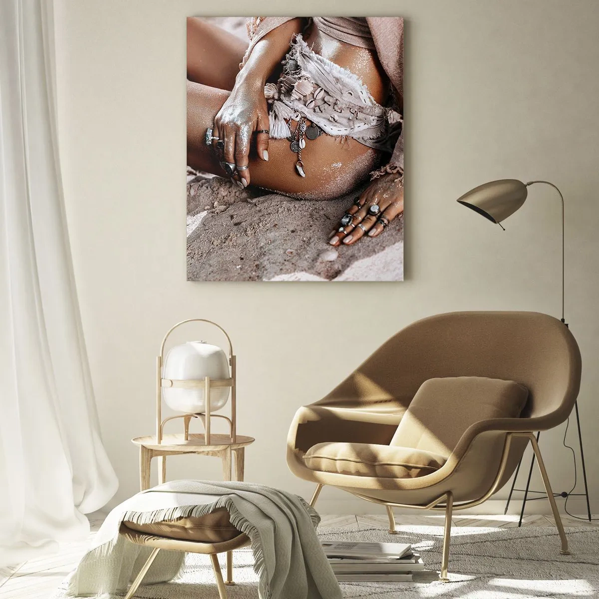 Quadro su vetro - Silhouette femminile su una spiaggia sabbiosa - 50x70cm - Gettata dalle onde? - Decorazione murale moderna per soggiorno e camera da letto ARTTOR