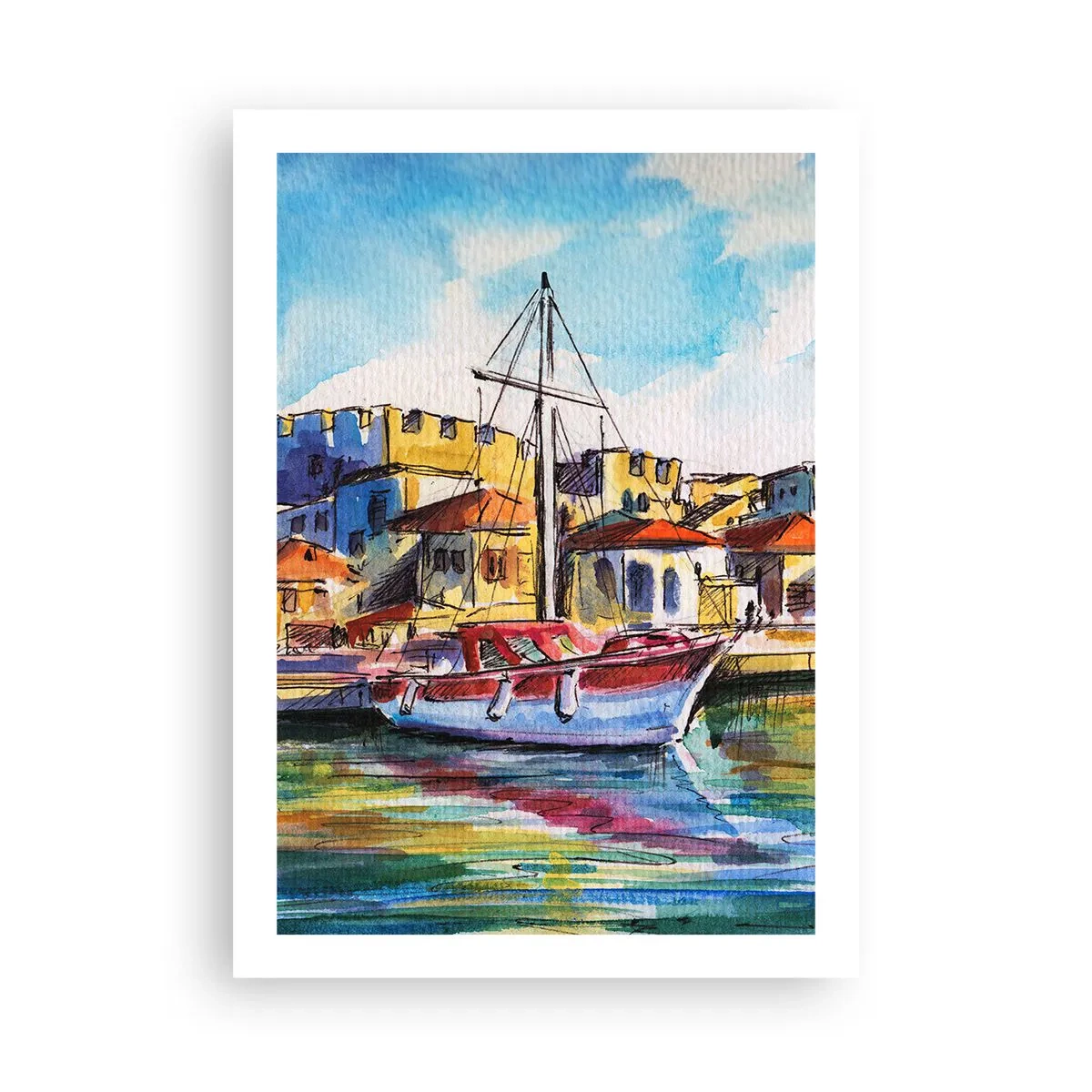 Poster - Un dipinto ad acquerello colorato di uno yacht in una città di mare - 50x70cm - Un colorato pomeriggio - Decorazione murale moderna per soggiorno e camera da letto ARTTOR