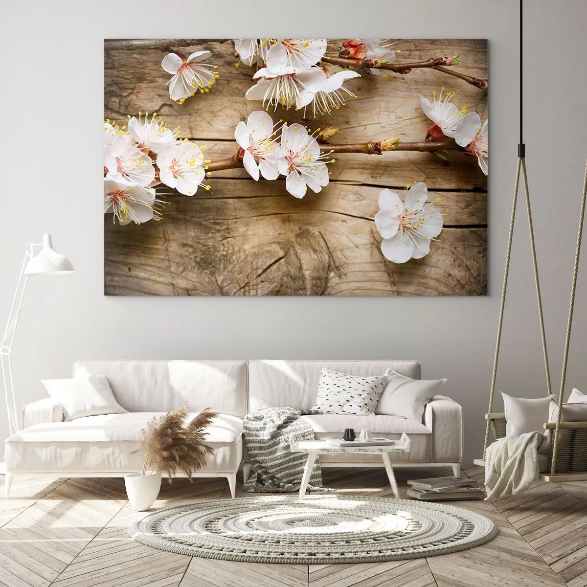 Quadro su vetro - Rami di ciliegi in fiore su uno sfondo di legno - 120x80cm - Ed è giunta la primavera - Decorazione murale moderna per soggiorno e camera da letto ARTTOR