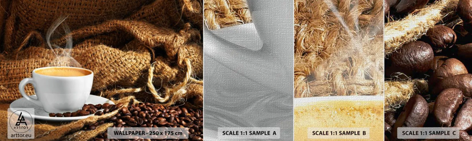 Campione di Fotomurale Premium Canvas - L'odore di caffè con la schiuma del colore del miele - Gastronomia, Caffè, tazza di caffè - 100x30 cm