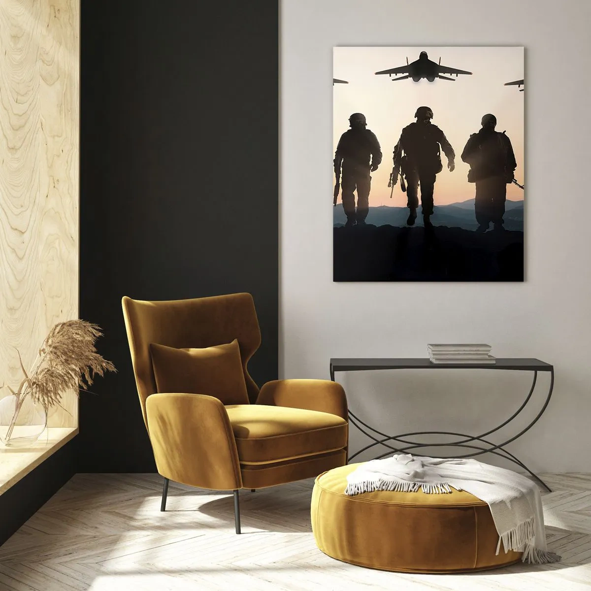Quadro su vetro - Sagome di soldati e aerei da combattimento sullo sfondo del tramonto - 80x120cm - Benvenuto nel nostro mondo - Decorazione murale moderna per soggiorno e camera da letto ARTTOR