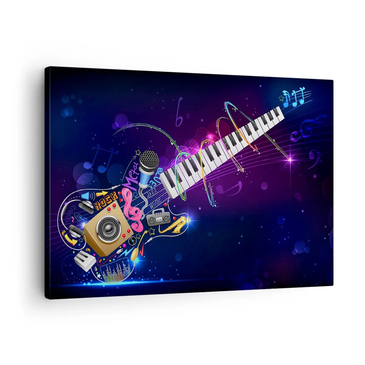 Quadro su tela - Stampe su Tela - Una chitarra colorata con una tastiera e un microfono su uno sfondo scuro. - 70x50cm - Armonia di suoni - Decorazione murale moderna per soggiorno e camera da letto ARTTOR