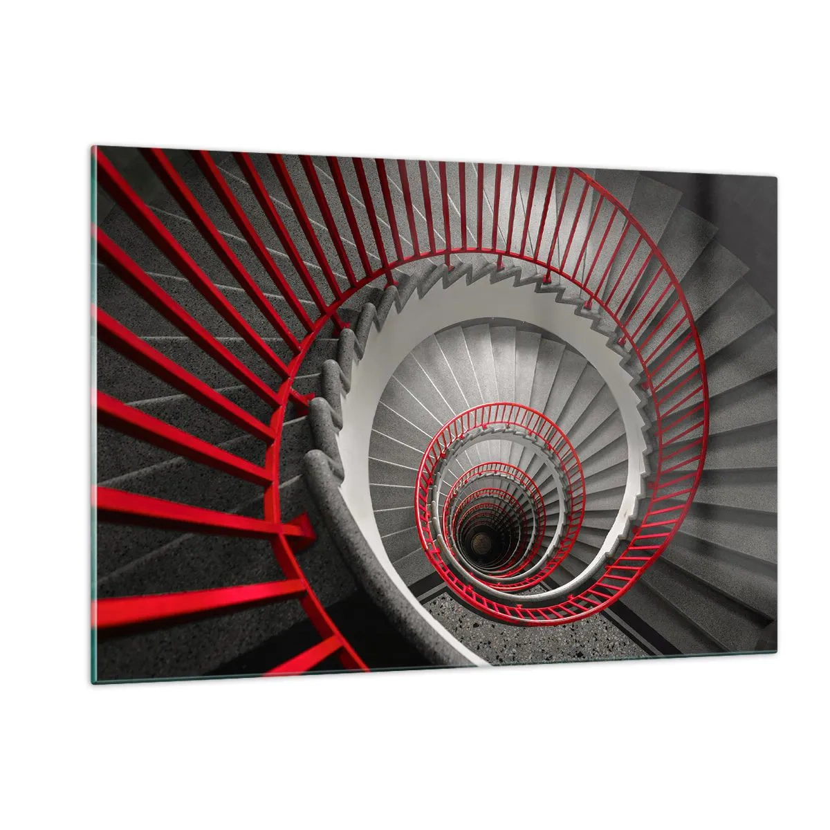 Quadro su vetro - Scala a chiocciola con corrimano rossi in prospettiva - 120x80cm - I giochi dell'architettura - Decorazione murale moderna per soggiorno e camera da letto ARTTOR