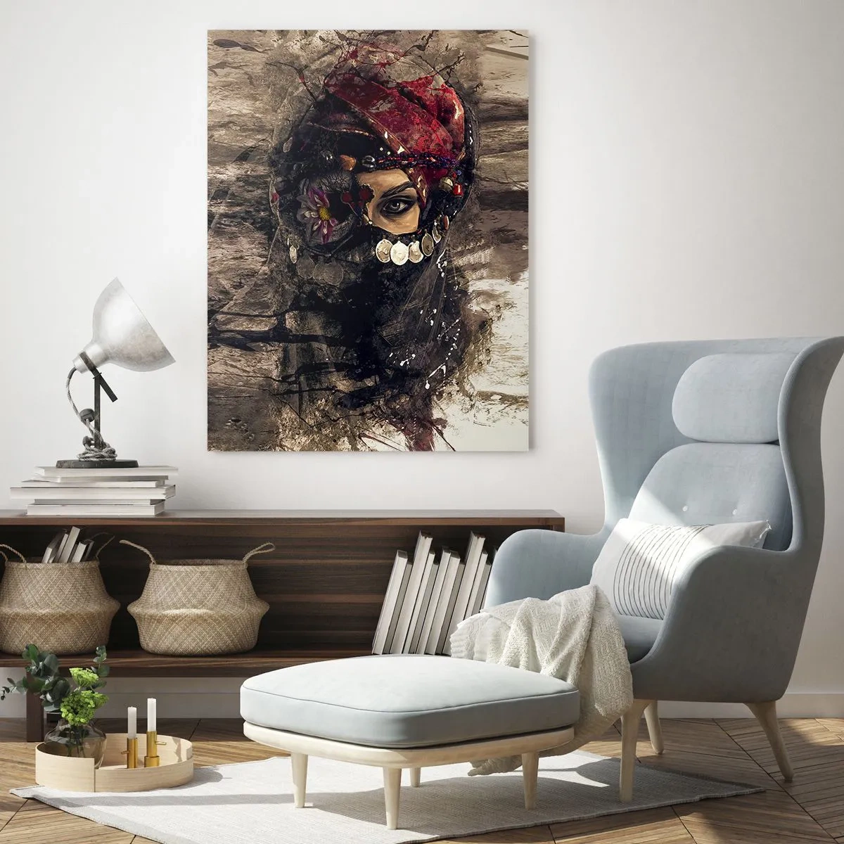 Quadro su vetro - Ritratto di una donna misteriosa con un turbante rosso - 50x70cm - Quantomeno inquietante - Decorazione murale moderna per soggiorno e camera da letto ARTTOR