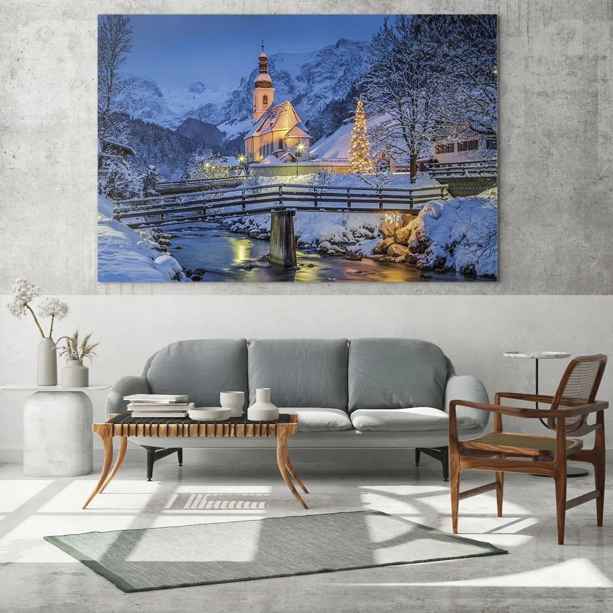Quadro su vetro - Paesaggio natalizio in un ambiente invernale - 70x50cm - Lo spirito di Natale - Decorazione murale moderna per soggiorno e camera da letto ARTTOR