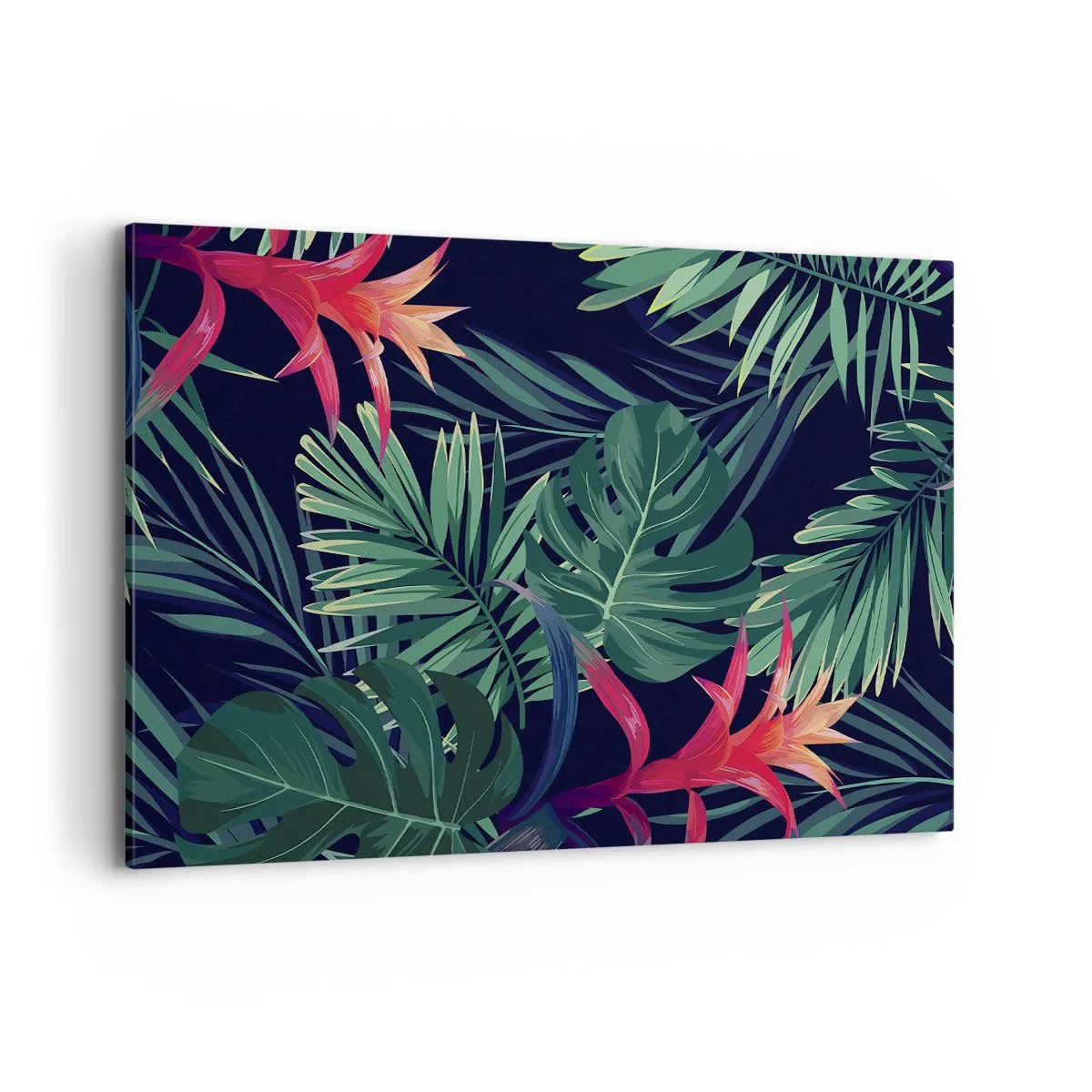 Quadro su tela - Stampe su Tela - Foglie e fiori tropicali su sfondo scuro - 120x80cm - Fiammante nel verde - Decorazione murale moderna per soggiorno e camera da letto ARTTOR