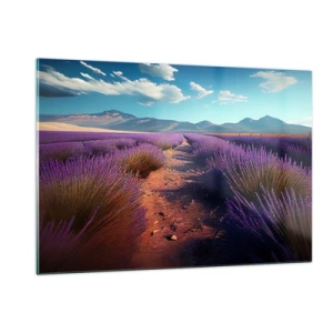 Quadro su vetro - Campi di lavanda al tramonto con vista sulle montagne - 120x80cm - Campi profumati - Decorazione murale moderna per soggiorno e camera da letto ARTTOR