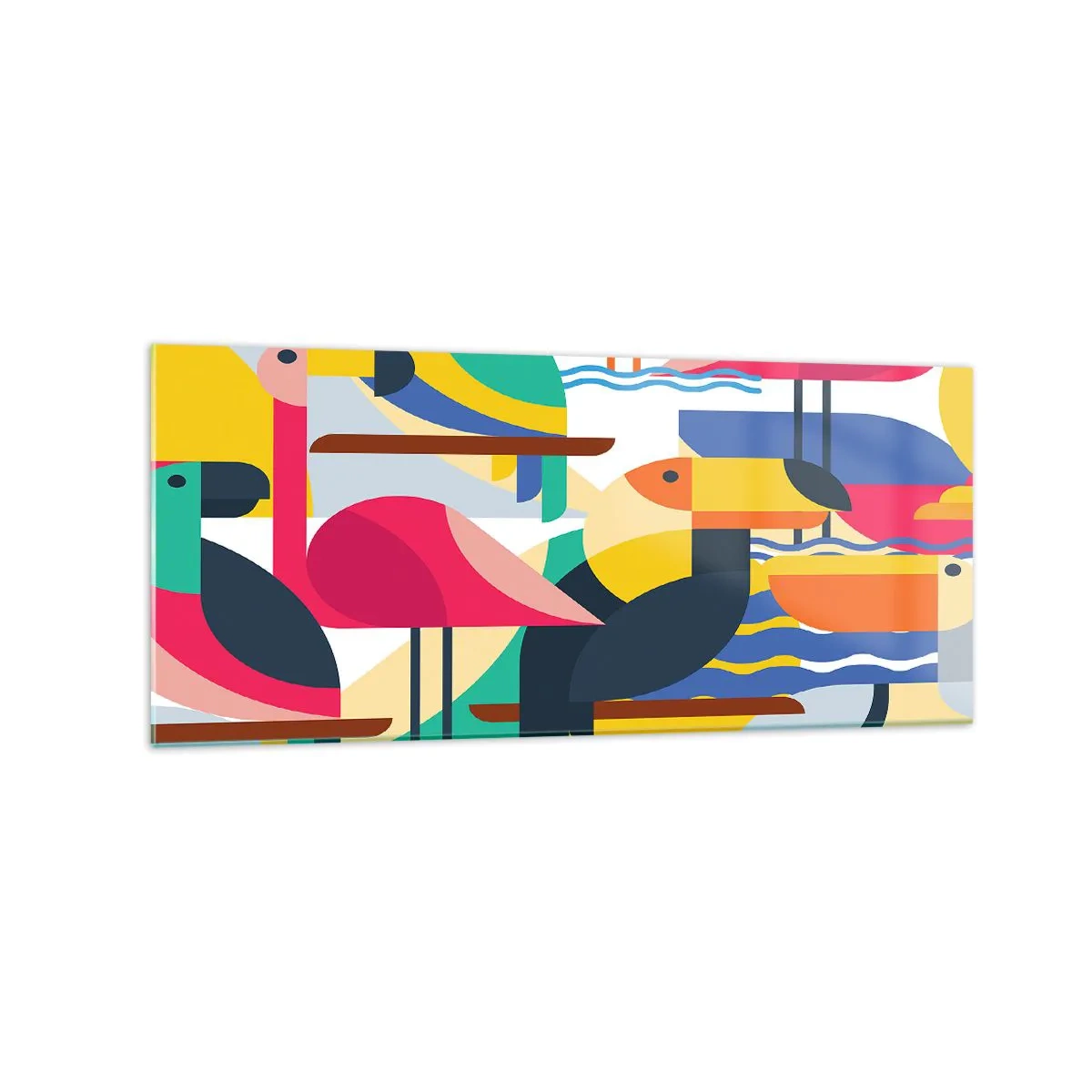 Quadro su vetro - Uccelli colorati in una composizione astratta e geometrica - 120x50cm - La festa degli uccelli - Decorazione murale moderna per soggiorno e camera da letto ARTTOR