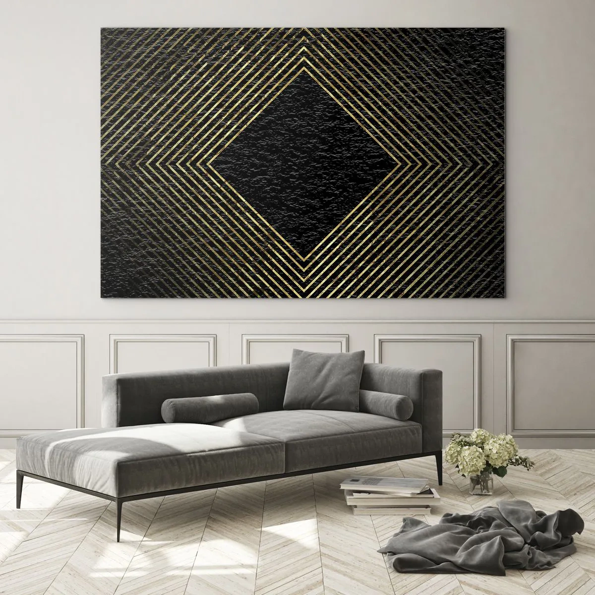 Quadro su vetro - Diamante in oro con linee geometriche su sfondo nero - 70x50cm - Geometria in stile glamour - Decorazione murale moderna per soggiorno e camera da letto ARTTOR