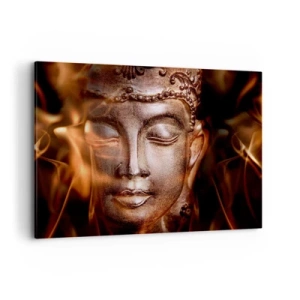 Quadro su tela - Stampe su Tela - Una statua del Buddha tra fiamme dai riflessi dorati - 100x70cm - Esiste solo qui e ora - Decorazione murale moderna per soggiorno e camera da letto ARTTOR
