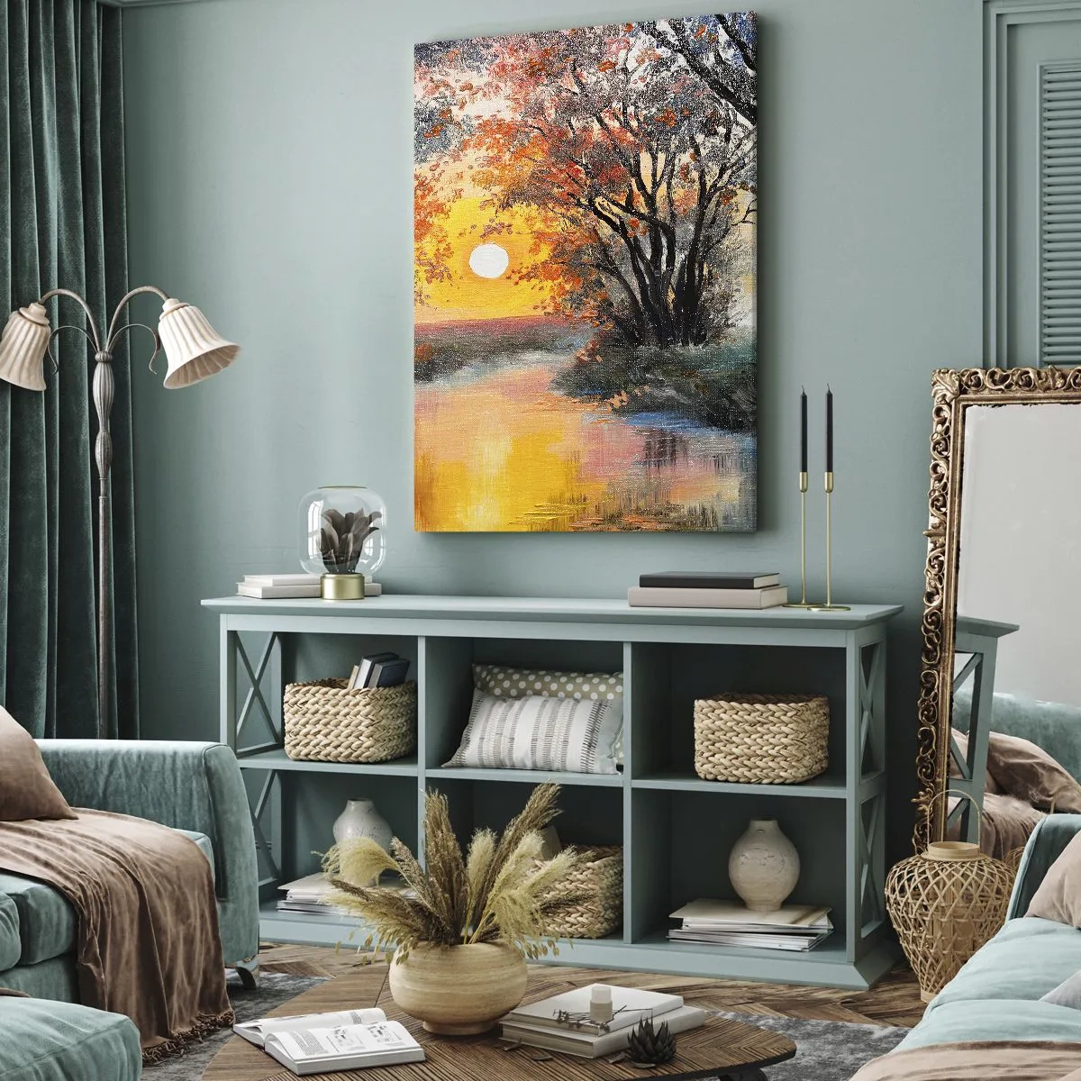 Quadro su tela - Stampe su Tela - Tramonto sul fiume in un paesaggio autunnale - 50x70cm - Atmosfera autunnale - Decorazione murale moderna per soggiorno e camera da letto ARTTOR