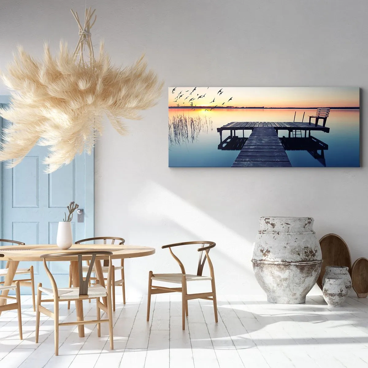 Quadro su tela - Stampe su Tela - Molo di legno su un lago all'alba con uccelli - 160x50cm - È stata una buona giornata - Decorazione murale moderna per soggiorno e camera da letto ARTTOR
