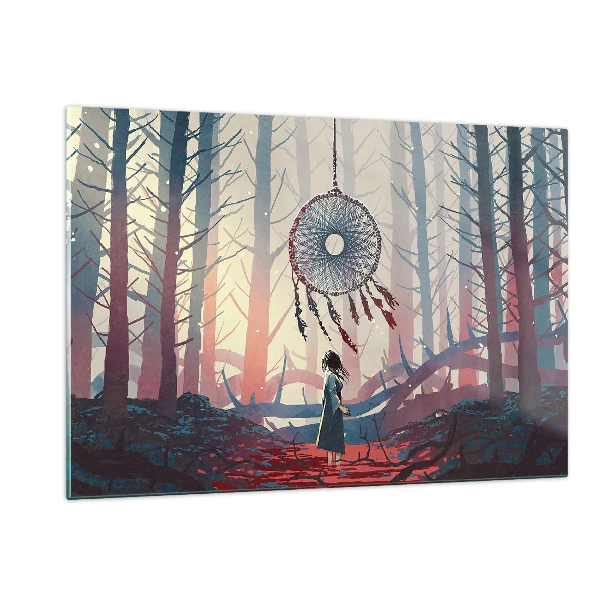 Quadro su vetro - Una figura nella foresta osserva un grande acchiappasogni che fluttua nell'aria. - 120x80cm - Il rituale segreto della felicità - Decorazione murale moderna per soggiorno e camera da letto ARTTOR
