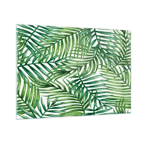 Quadro su vetro - Foglie di palma verdi su sfondo bianco che creano un motivo geometrico - 100x70cm - Sotto un baldacchino verde - Decorazione murale moderna per soggiorno e camera da letto ARTTOR