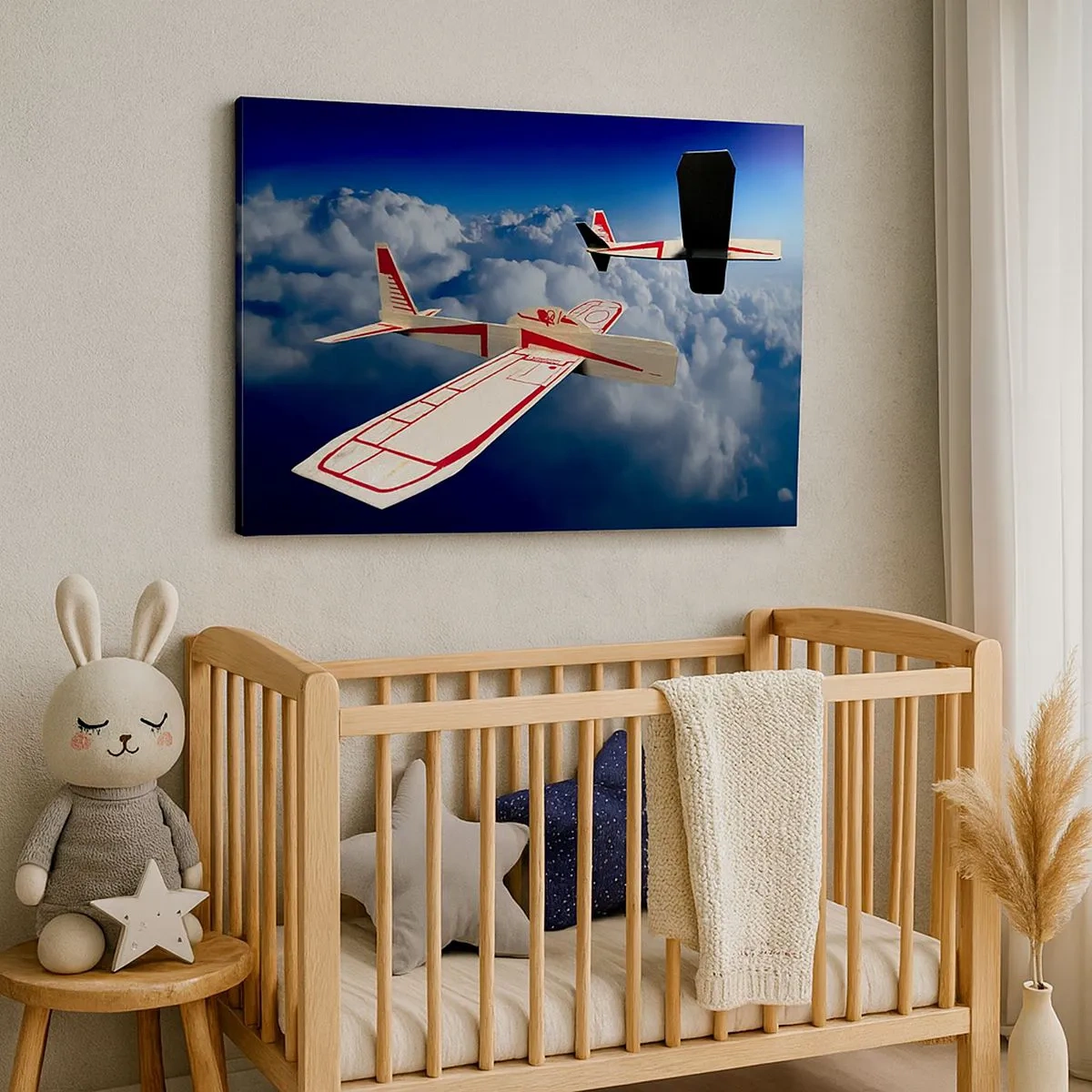 Quadro su tela - Stampe su Tela - Due aeroplani di legno che sorvolano le nuvole contro un cielo azzurro. - 70x50cm - Più in alto, più lontano - Decorazione murale moderna per soggiorno e camera da letto ARTTOR