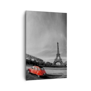 Quadro su tela - Stampe su Tela - Un'auto rossa con la Torre Eiffel sullo sfondo in un paesaggio in bianco e nero - 80x120cm - Più parigine di Parigi - Decorazione murale moderna per soggiorno e camera da letto ARTTOR