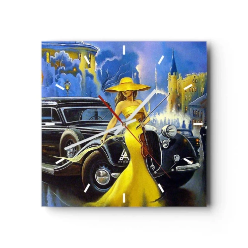 Orologio da parete - Orologio in Vetro - Una donna con un vestito giallo e un violino accanto a un'auto d'epoca. - 30x30cm - Notturno per violino e amore - Decorazione murale moderna per soggiorno e camera da letto ARTTOR