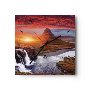 Orologio da parete - Orologio in Vetro - Paesaggio montano con cascata al tramonto - 30x30cm - Paesaggio della Terra di Mezzo - Decorazione murale moderna per soggiorno e camera da letto ARTTOR