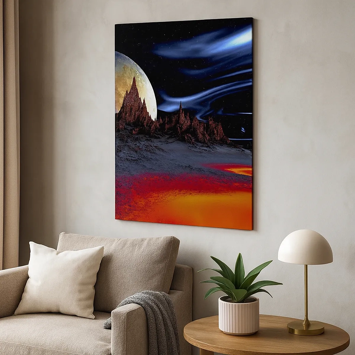Quadro su tela - Stampe su Tela - Un paesaggio fantastico con pianeti e scenari vulcanici - 50x70cm - Un mondo sconosciuto - Decorazione murale moderna per soggiorno e camera da letto ARTTOR