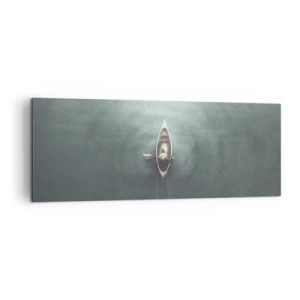 Quadro su tela - Stampe su Tela - Una barca solitaria su acque calme in un ambiente minimalista - 140x50cm - Nel lago al chiaro di luna - Decorazione murale moderna per soggiorno e camera da letto ARTTOR