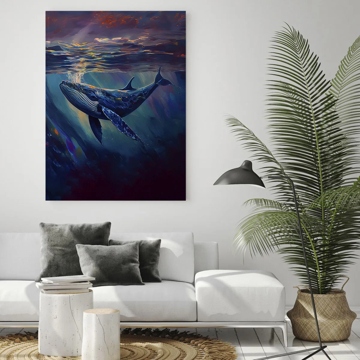 Quadro su vetro - Una balena che galleggia sott'acqua alla luce del sole - 50x70cm - Benvenuti nel mio mondo - Decorazione murale moderna per soggiorno e camera da letto ARTTOR