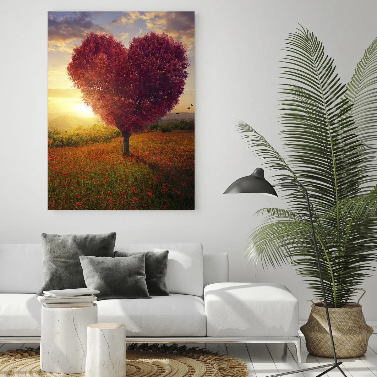 Quadro su vetro - Albero a forma di cuore al tramonto - 70x100cm - Ti prende al cuore - Decorazione murale moderna per soggiorno e camera da letto ARTTOR