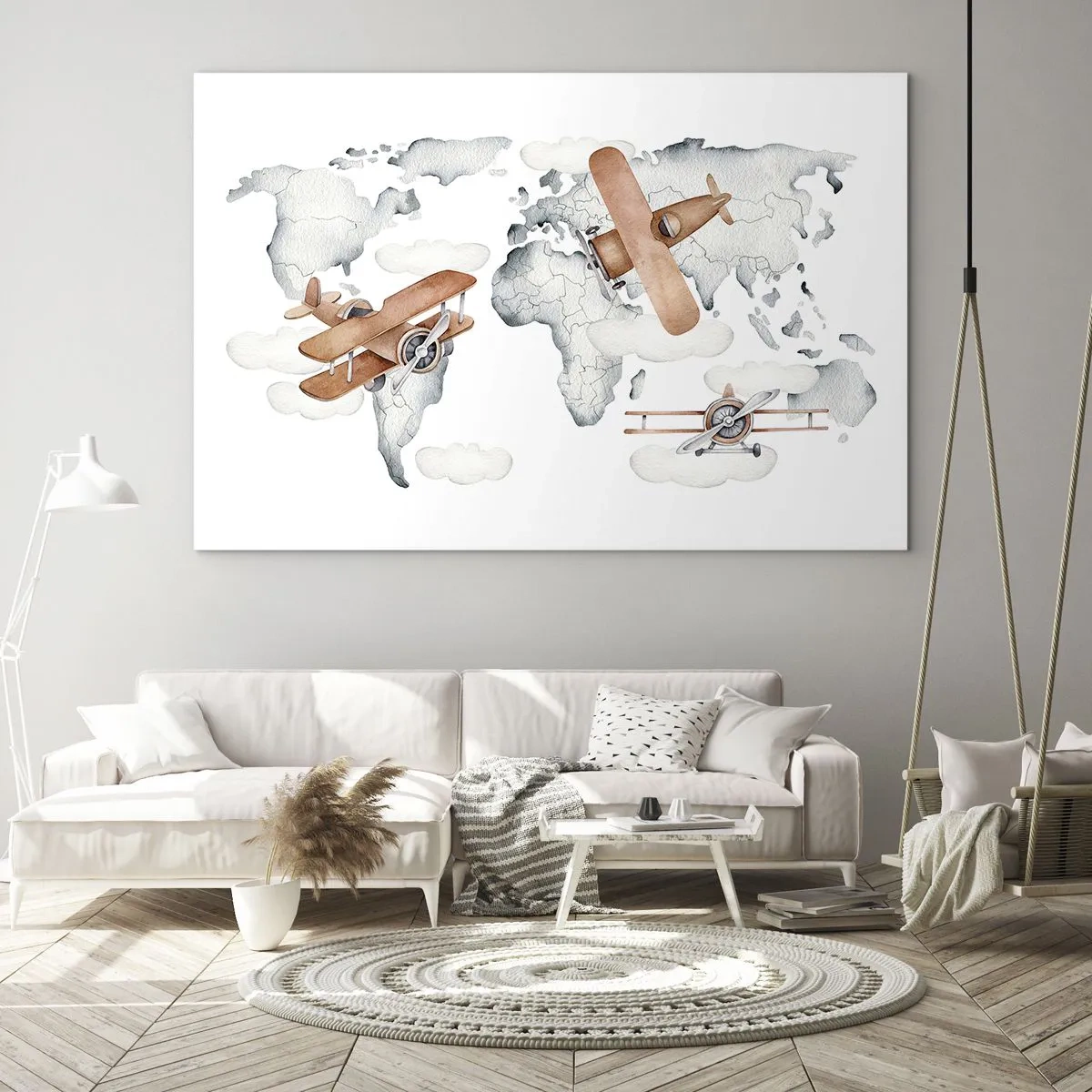 Quadro su vetro - Mappa del mondo con aereo retrò per bambini - 70x50cm - Nello spirito dei pionieri - Decorazione murale moderna per soggiorno e camera da letto ARTTOR