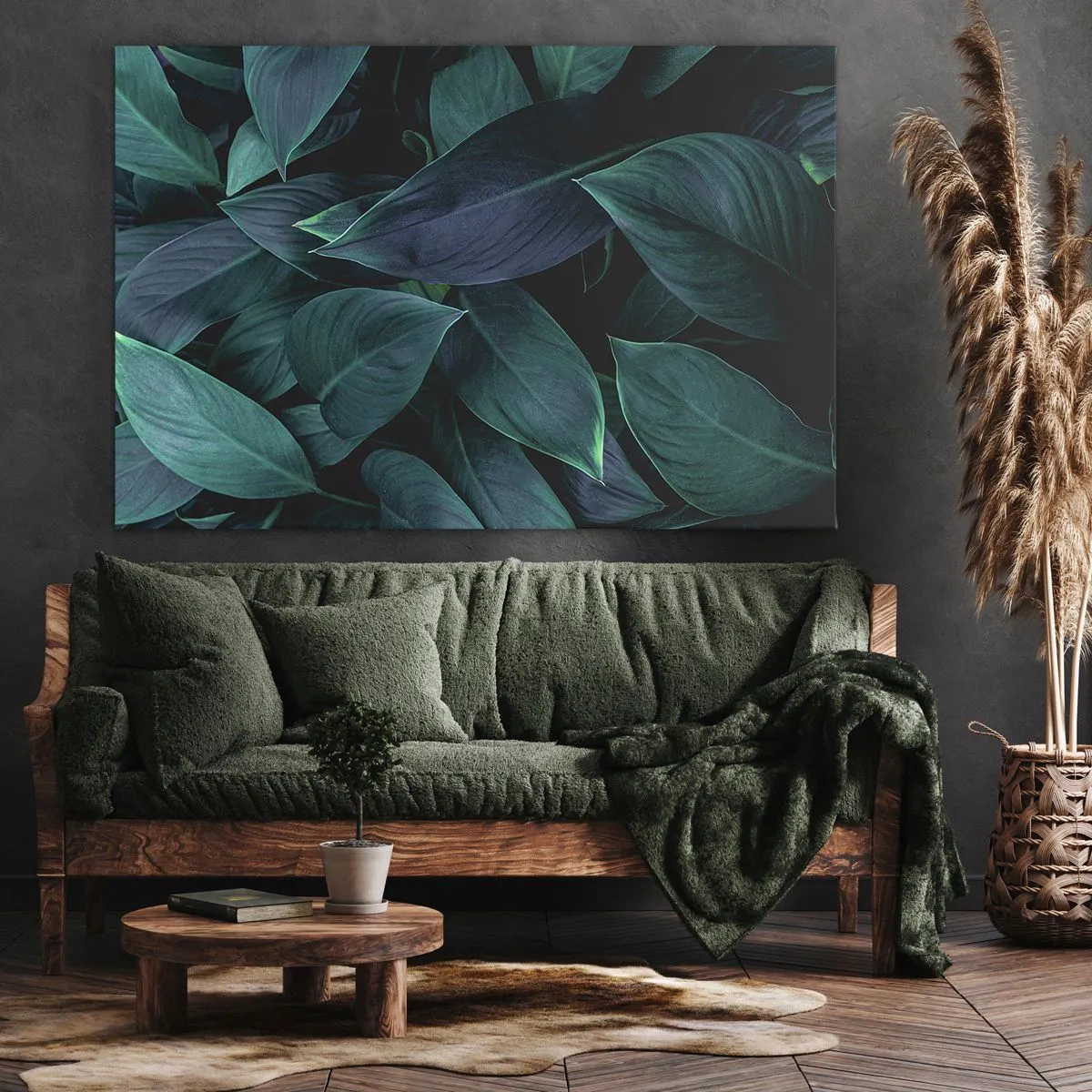 Quadro su tela - Stampe su Tela - Primo piano di foglie verdi con sfondo scuro - 70x50cm - Il verde puro - Decorazione murale moderna per soggiorno e camera da letto ARTTOR