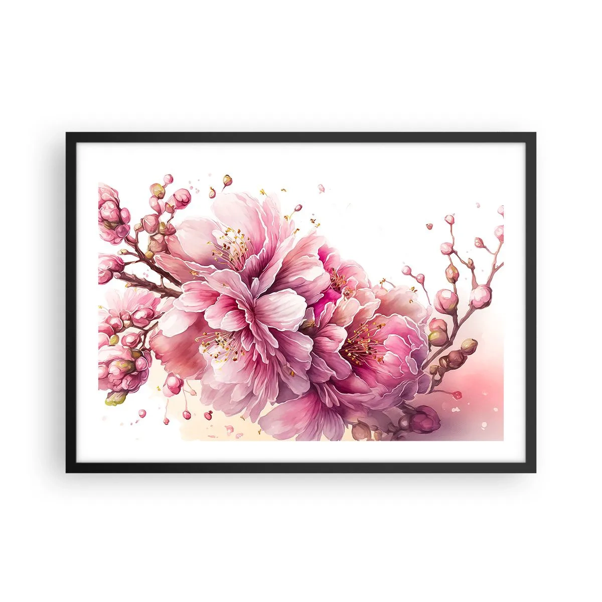 Poster in cornice nera - Delicati fiori di ciliegio in piena fioritura su uno sfondo chiaro - 70x50cm - Fiore di ciliegio - Decorazione murale moderna per soggiorno e camera da letto ARTTOR