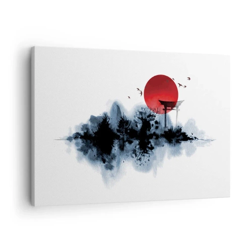 Quadro su tela - Stampe su Tela - Sole rosso su un paesaggio pittoresco con torii - 70x50cm - Vista giapponese - Decorazione murale moderna per soggiorno e camera da letto ARTTOR