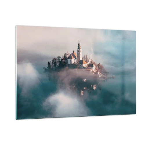 Quadro su vetro - Un'isola con una chiesa circondata dalla nebbia su un lago calmo - 120x80cm - L'isola dei sogni - Decorazione murale moderna per soggiorno e camera da letto ARTTOR