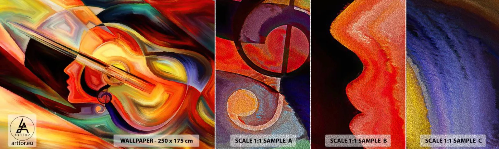 Campione di Fotomurale Premium Sand - L'armonia dei suoni - Astrazione, Volto di donna, Violino - 100x30 cm