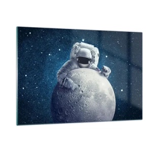 Quadro su vetro - Astronauta che abbraccia la luna contro un cielo stellato - 120x80cm - Burlone spaziale - Decorazione murale moderna per soggiorno e camera da letto ARTTOR